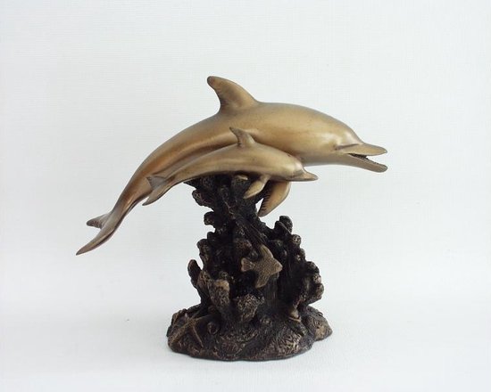 Sculptuur - 15 cm hoog - Dolfijn met jong - bronzen beeld