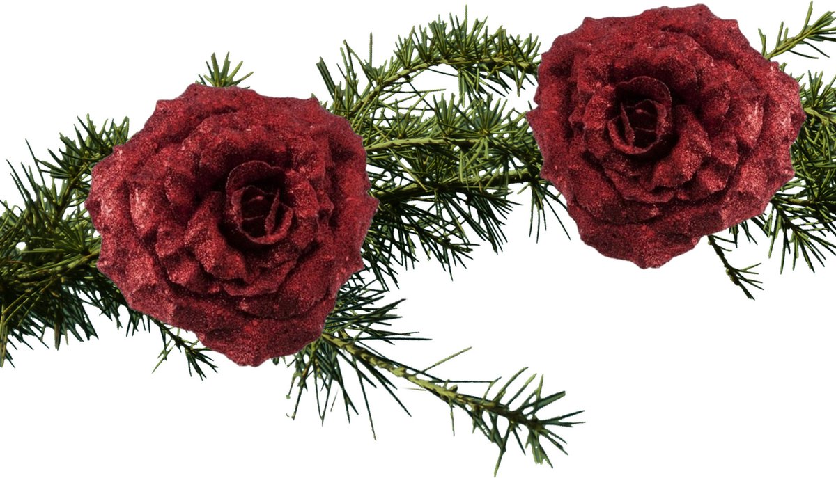 Cosy&Trendy Cosy & Trendy kerstboomversiering bloem op clip - 2x stuks - rood - glitter - 18 cm - kerstdecoratie - rode roos