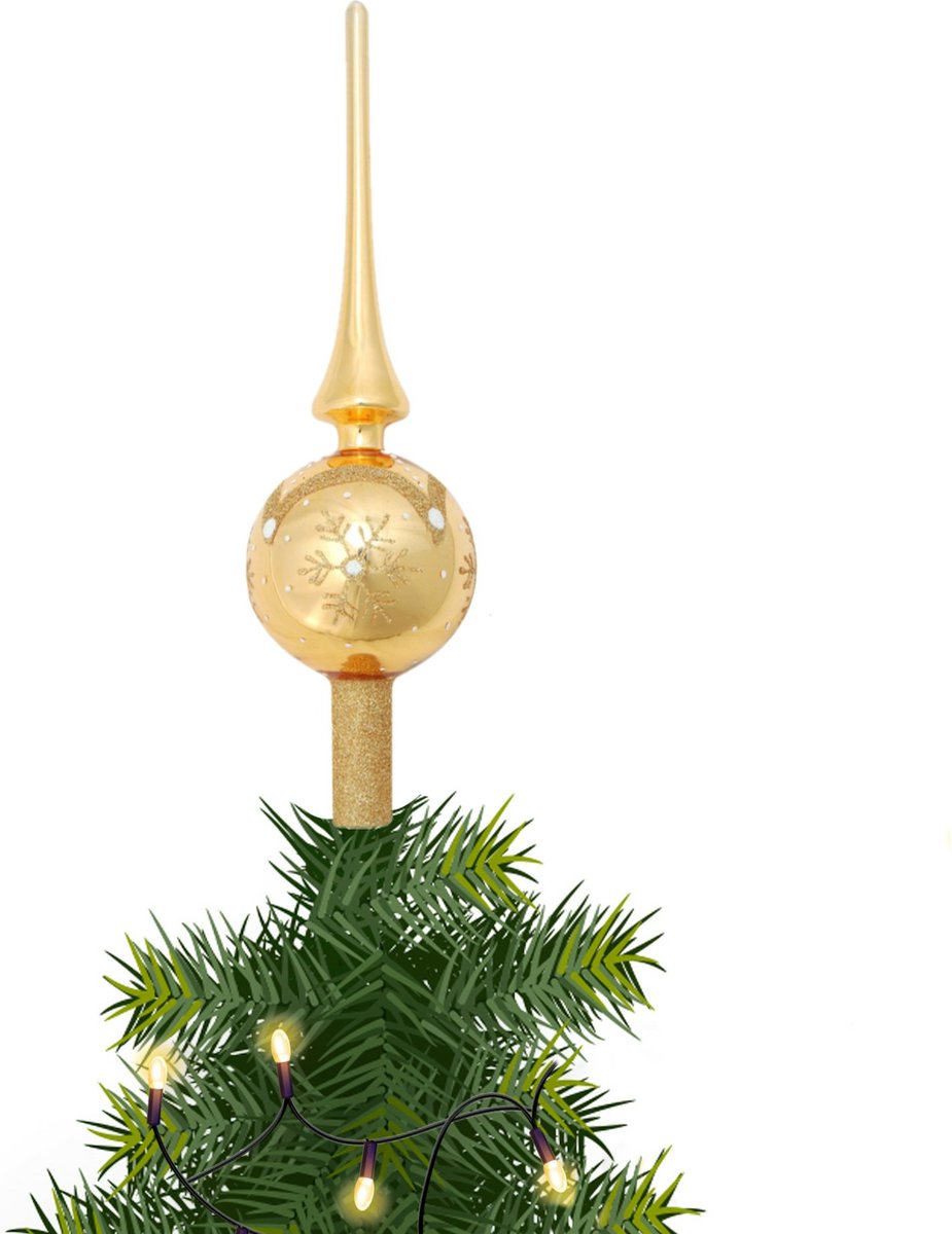 Luxe glazen piek goud met glitter sneeuwvlok 28 cm kerstversiering - 1x - Kerstboompieken/kerstpieken van glas