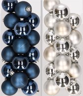 32x stuks kunststof kerstballen mix van donkerblauw en zilver 4 cm - Kerstversiering