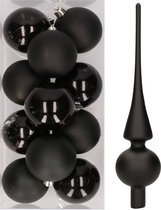 12x Zwarte kunststof kerstballen met glazen piek mat - Kerstversiering