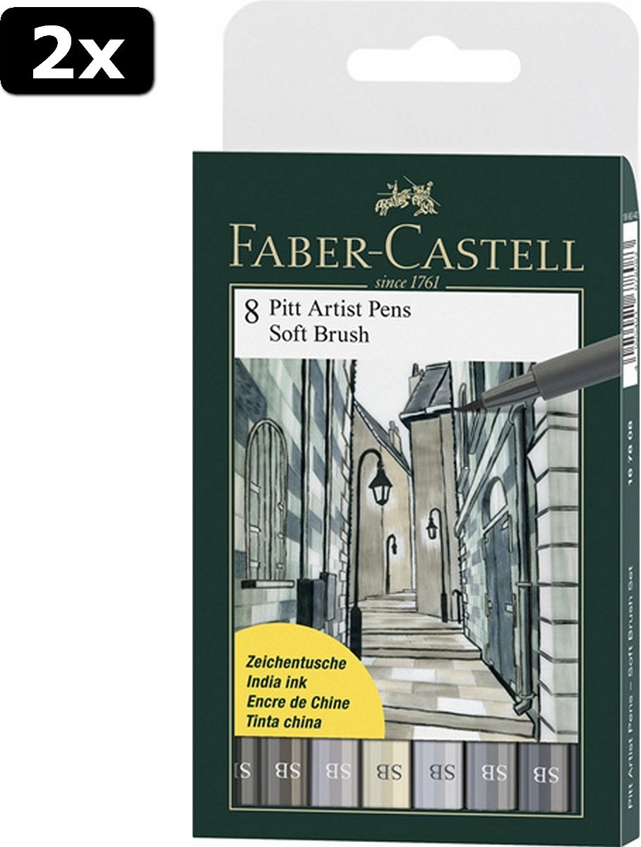 2x Faber Castell FC-167808 Tekenstift Faber-Castell Pitt Artist Pen Soft Brush Etui 8 Stuks Assorti