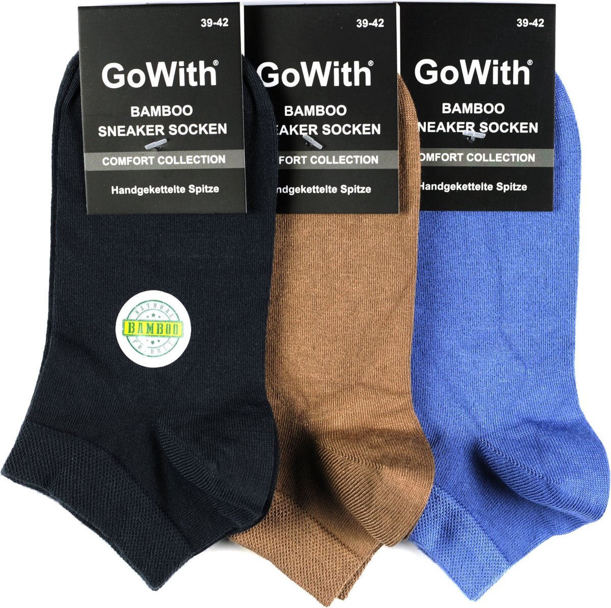 GoWith - bamboe sokken | sport sokken - 3 paar - enkelsokken - sneaker sokken - heren sokken - kleur zwart blauw bruin - maat 39-42