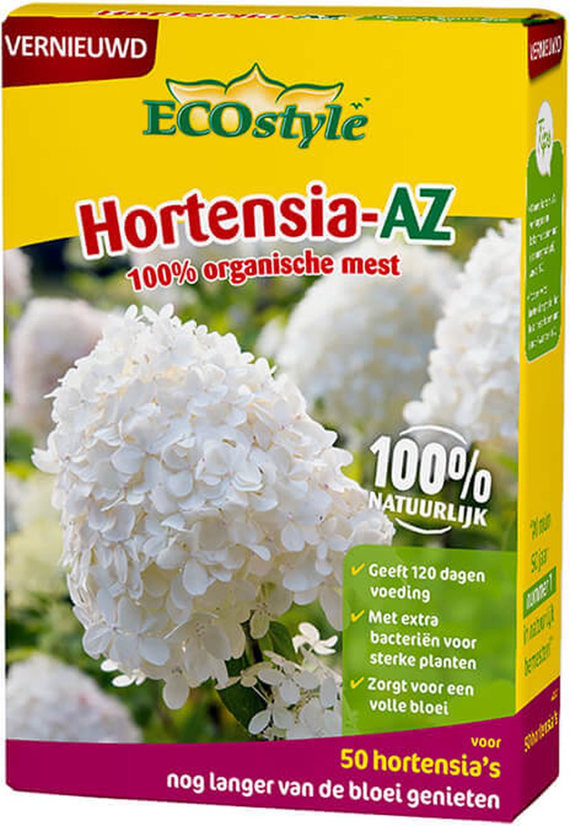 ECOstyle Hortensia-AZ Tuinmest - Organische Meststof - 120 Dagen Voeding - Volle Bloei - Versterkt Plant - Verrijkt bodem - Voor 50 Hortensia's - 1,6 KG
