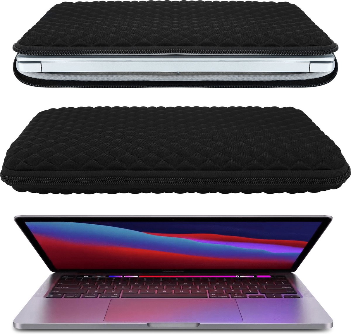 Laptophoes 13-14 inch waterafstotend krasbestendig soft velvet binnenkant diamant patroon zwart met ritssluiting - Afbeelding 3