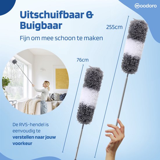 Woodoro Ragebol Uitschuifbaar Complete 9-Delige Set - Verstelbare Telescoopsteel - Plumeau - RVS - Zwart & Grijs