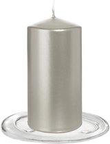 Trend Candles - Stompkaarsen met glazen onderzetters set van 2x stuks zilver metallic 6 x 12 cm