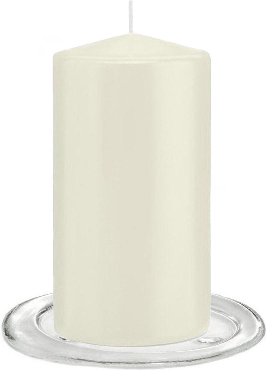 Trend Candles - Stompkaarsen met glazen onderzetters set van 2x stuks ivoor wit 8 x 15 cm