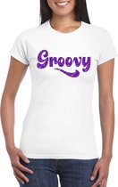 Toppers Wit Flower Power t-shirt Groovy met paarse letters dames - Sixties/jaren 60 kleding M