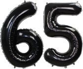 Folie Ballon Cijfer 65 Jaar Zwart Verjaardag Versiering Helium Cijfer Ballonnen Feest versiering Met Rietje - 86Cm