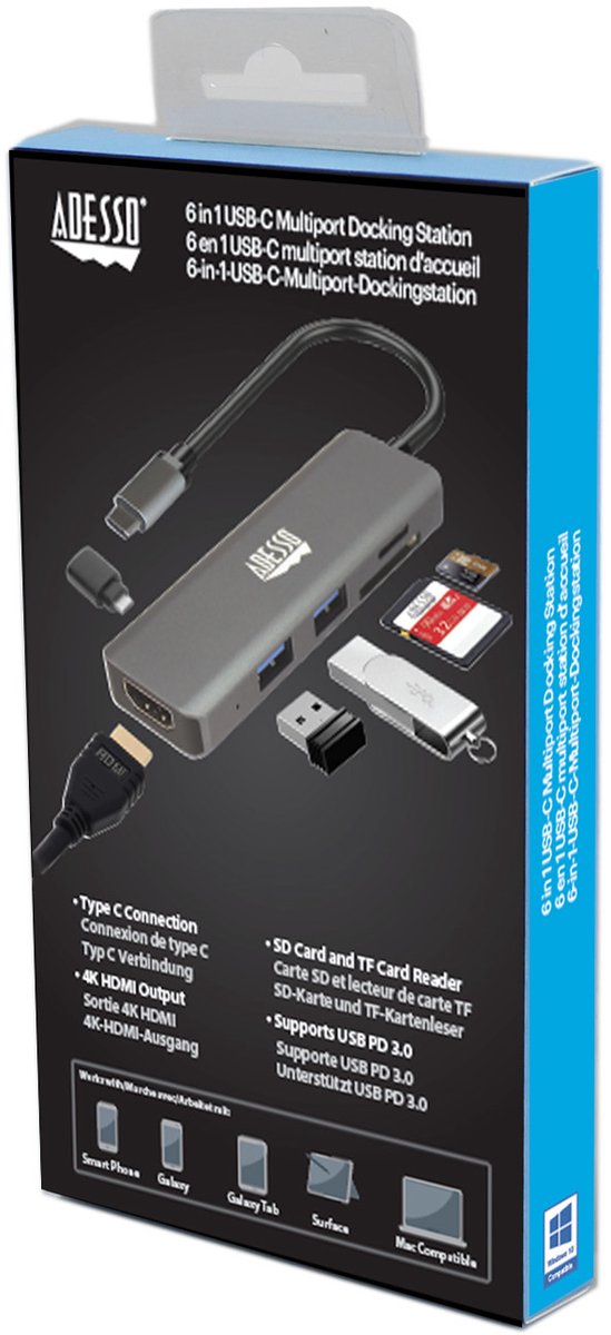 Adesso 6-in-1 USB-C hub voor laptop