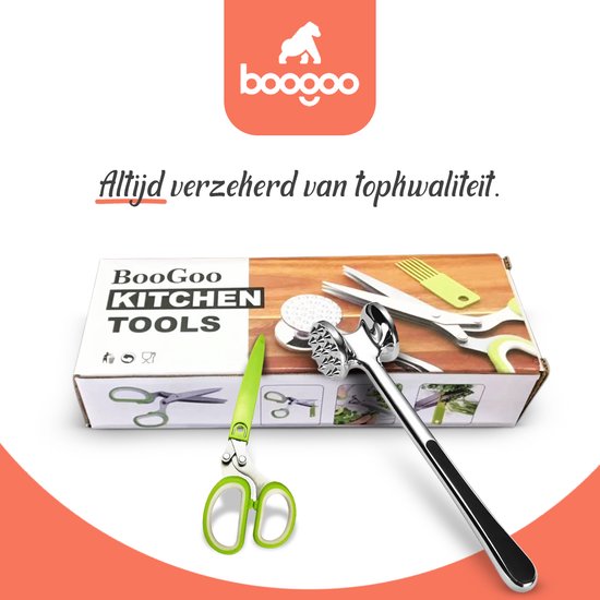 La boîte de BooGoo KITCHEN TOOLS avec un maillet à viande argenté, des ciseaux verts et un ciseau à herbes vert.