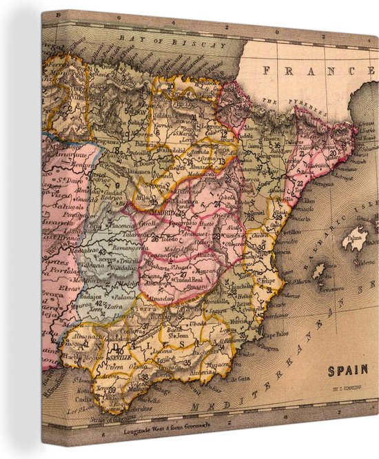 Canvas Schilderij Landkaart - Spanje - Iberië - Vintage - 20x20 cm - Wanddecoratie