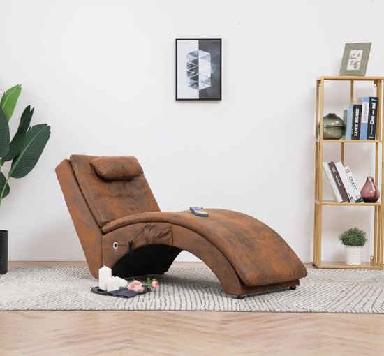vidaXL Massage chaise longue met kussen kunstsuède bruin