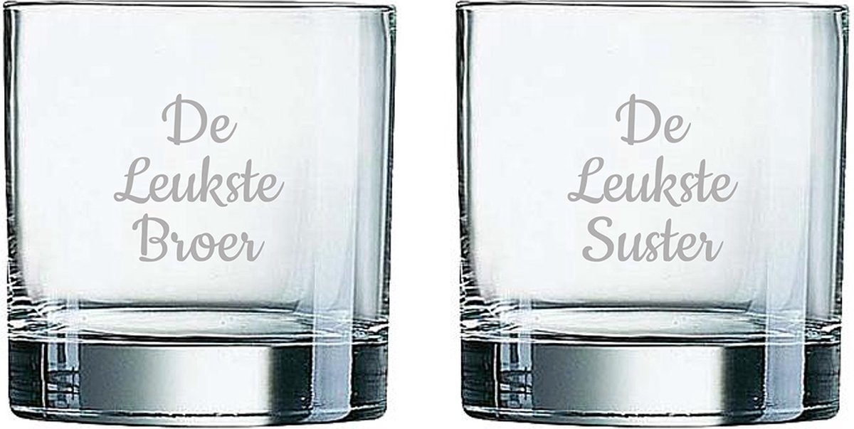Gegraveerde Whiskeyglas 38cl De Leukste Broer-De Leukste Suster