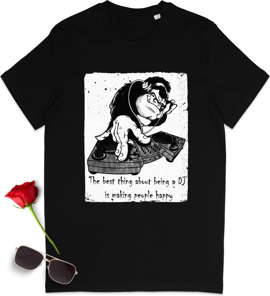 T shirt heren en dames met cartoon DJ print -  Grappig muziek thirt voor vrouwen en mannen - Unisex maten: S t/m 3XL - Shirt kleur: zwart.