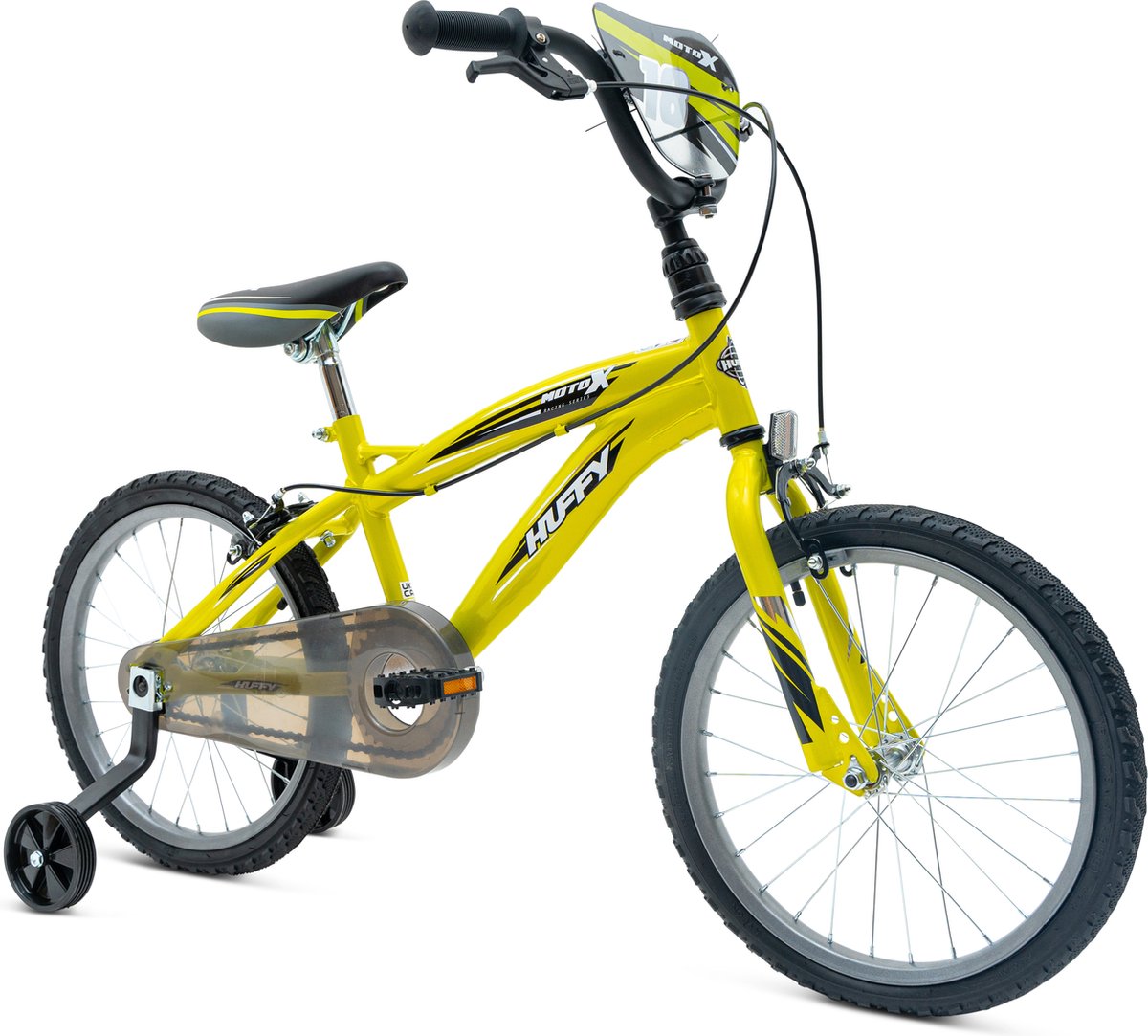 Huffy Moto X jongensfiets 18 inch 5-7 jaar Kinderfiets Inclusief zijwieltjes Geel Snel en eenvoudig te monteren BMX-stijl kinderfiets