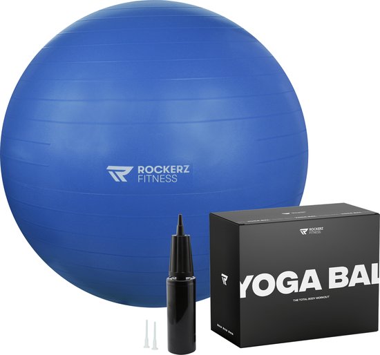Rockerz Yoga bal - inclusief pomp - Fitness bal - Zwangerschapsbal - Goede houding bij het thuiswerken - 90 cm - kleur: Blauw