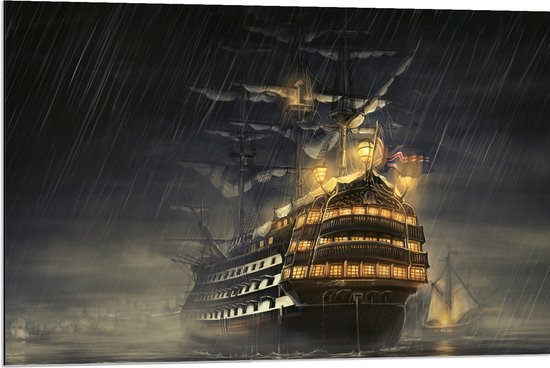 WallClassics - Dibond - Groot Schip op Zee in Storm - 90x60 cm Foto op Aluminium (Met Ophangsysteem)