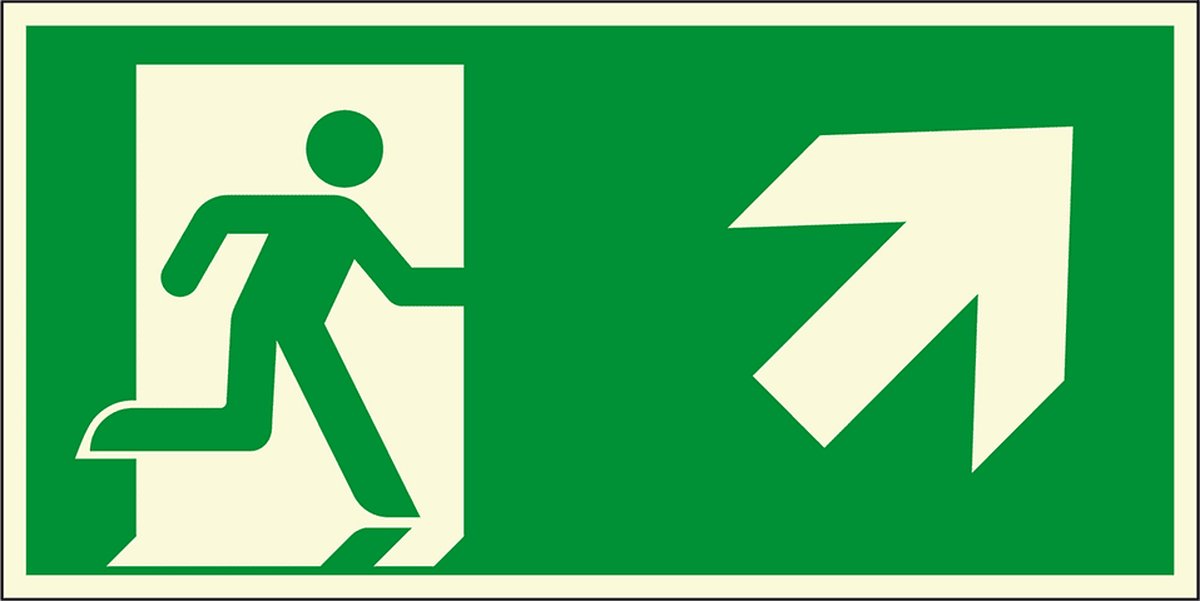 Extra lichtgevende nooduitgang sticker pijl rechtsboven - E002 300 x 150 mm
