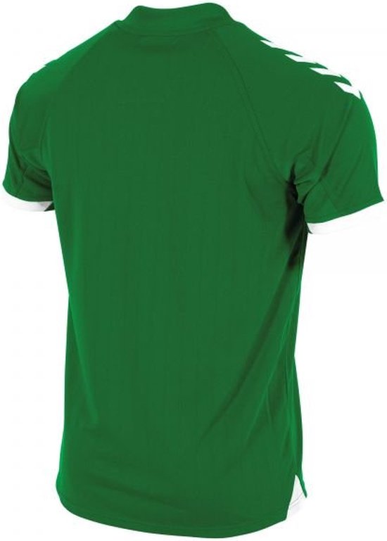 Groen sportshirt van Hummel met witte strepen op de schouders en witte boorden. Achterkant.