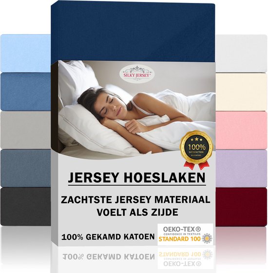 Silky Jersey  Zijdezachte Jersey Hoeslaken Strijkvrij 100% Gekamd Katoen - 120x200+30 cm Marine Blauw