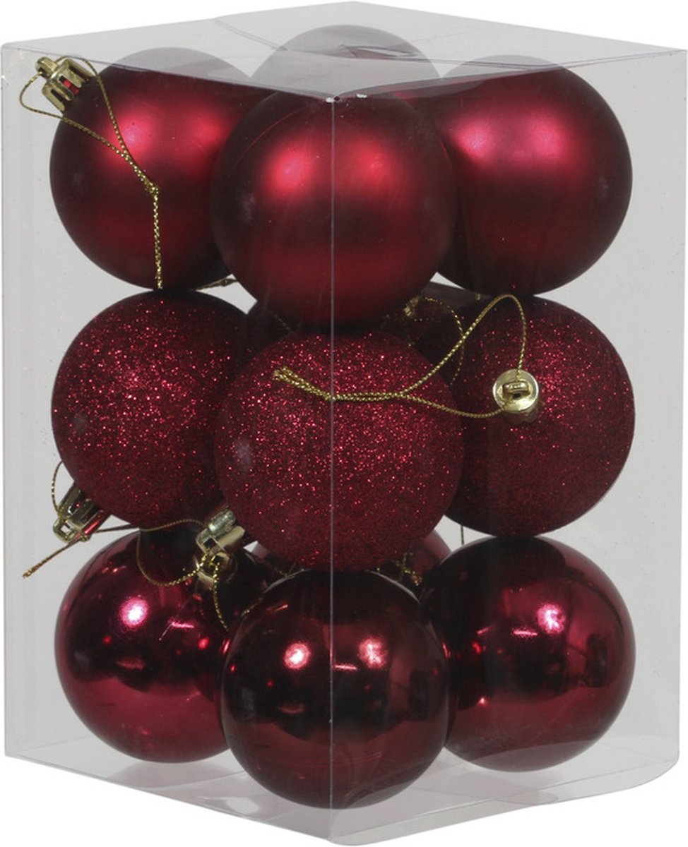 24x Donkerrode kunststof kerstballen 6 cm Glans/mat/glitter