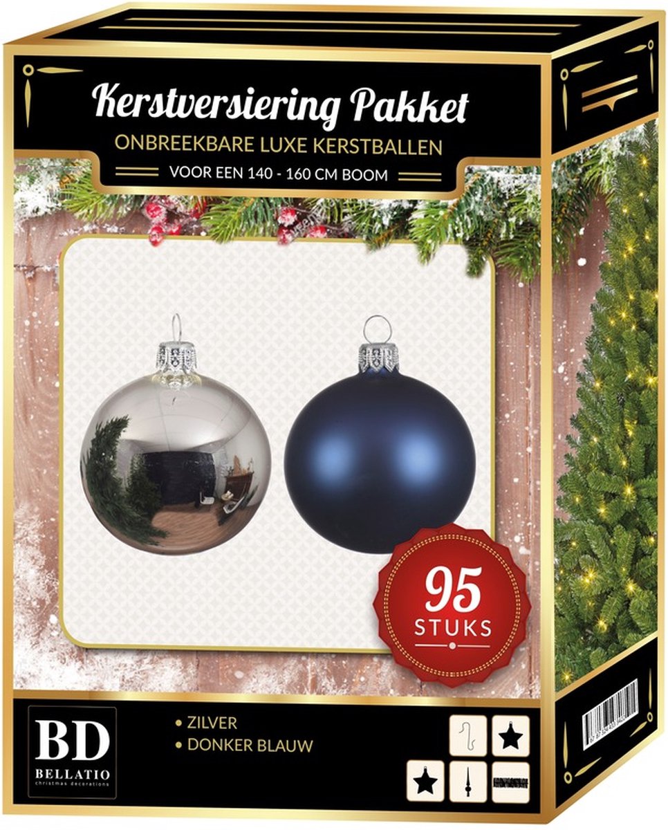 95 stuks Kerstballen mix zilver-donkerblauw voor 150 cm boom - kerstballen pakket
