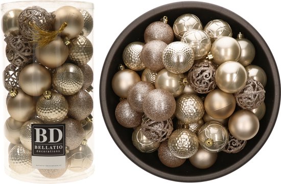 Tube et bol remplis de boules de Noël champagne aux structures variées et pailletées.