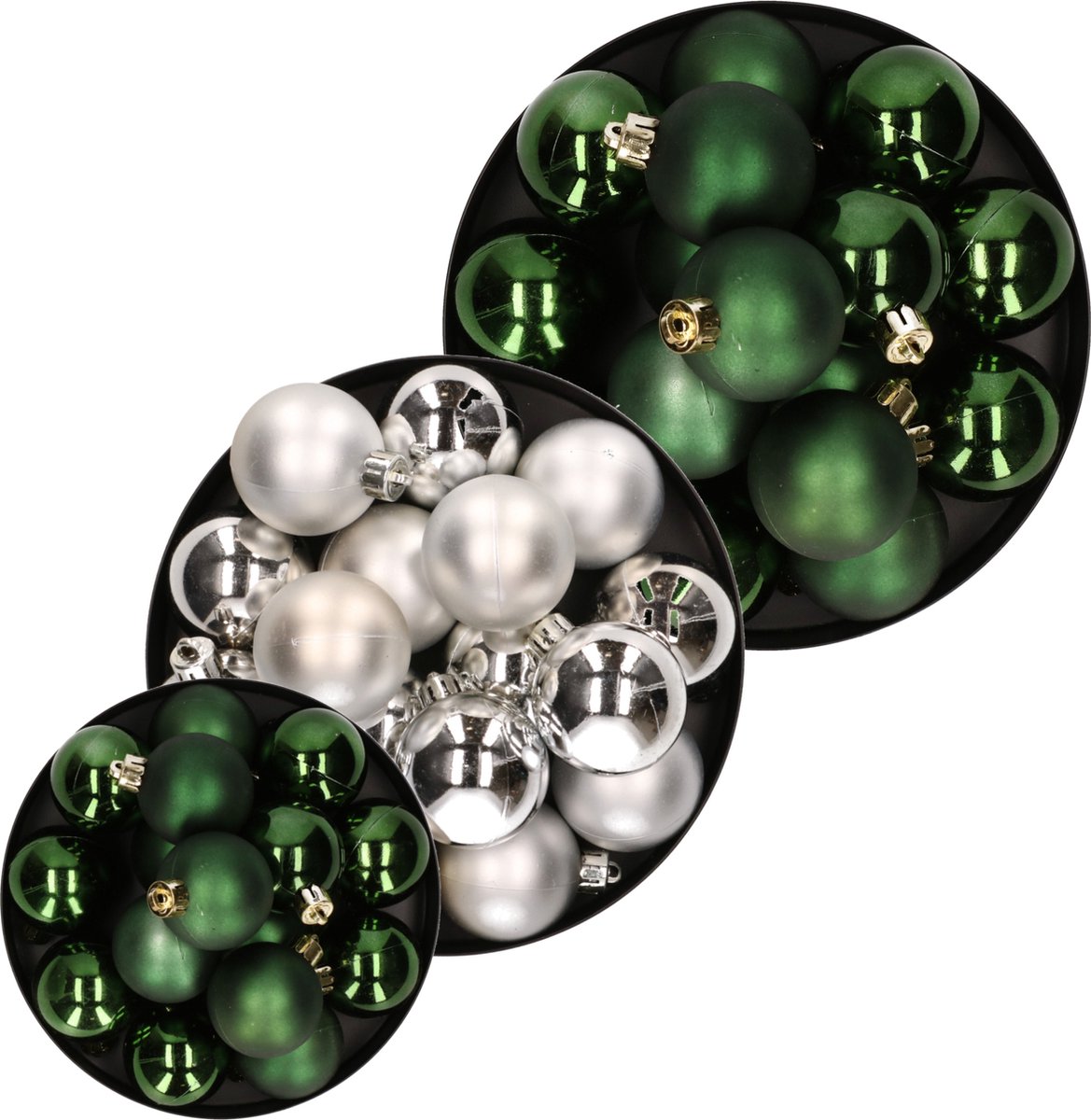 Kerstversiering kunststof kerstballen kleuren mix donkergroen/zilver 4-6-8 cm pakket van 68x stuks