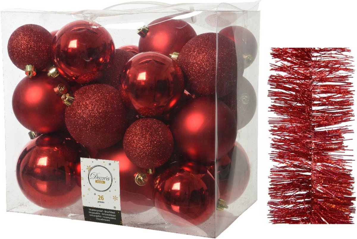 Kerstversiering kunststof kerstballen 6-8-10 cm met glitter folieslingers pakket rood van 28x stuks - Kerstboomversiering