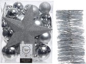 Décorations de Noël de Noël Boules de Noël en plastique 5-6-8 cm avec pic étoile et guirlandes à paillettes paquet argent de 35x pièces - Décorations Décorations pour sapins de Noël