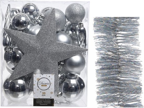 Kerstversiering kunststof kerstballen 5-6-8 cm met ster piek en glitter slingers pakket zilver van 35x stuks - Kerstboomversiering