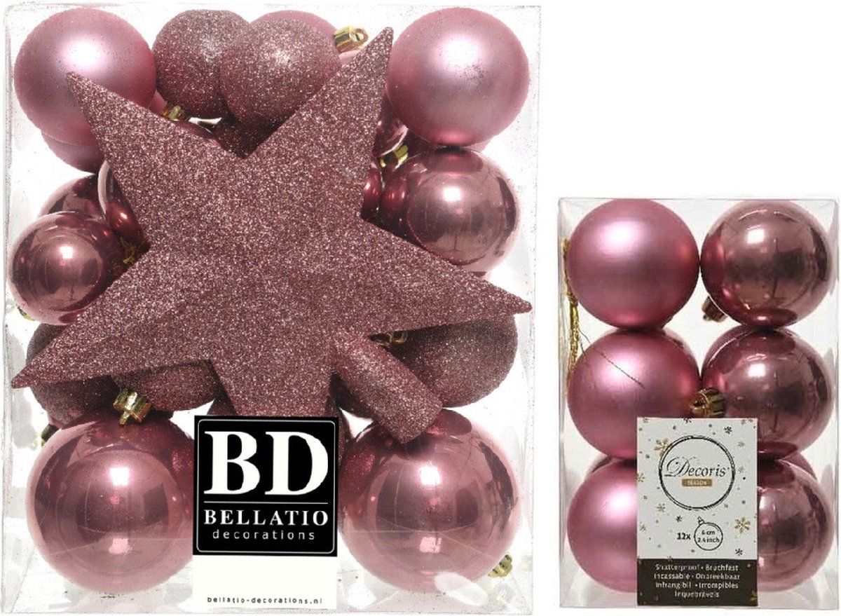 Kerstversiering kunststof kerstballen oud roze 5-6-8 cm pakket van 45x stuks - Met kunststof ster piek van 19 cm