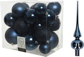 Kerstversiering kunststof kerstballen donkerblauw 6-8-10 cm pakket van 27x stuks - Met glans glazen piek van 26 cm