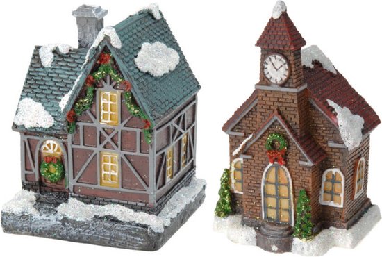 2x Kersthuisjes/kerstdorpje met verlichting 13 cm - Kerstdorpen maken accessoires