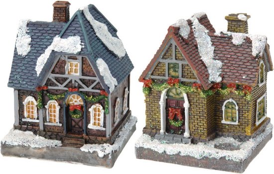 2x Kersthuisjes/kerstdorpje met gekleurde verlichting 13 cm - Kerstdorpen maken accessoires