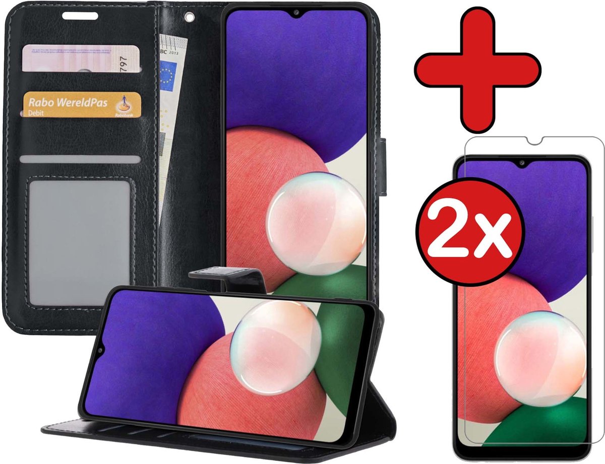 Hoesje - Met 2x Screenprotector - Geschikt voor Samsung Galaxy M22 - Luxe Pasjeshouder - Flip Case - Bookcase Portemonee - Kunstleer Book Case - Flipcase Hoes - Book Cover - Walletcase - Portemonneehoes - Telefoonhoes - Zwart