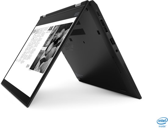 Zwarte Lenovo ThinkPad Yoga X13 in tentmodus, met tekst en afbeeldingen op het scherm.