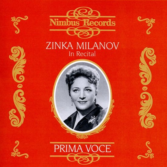 CD-hoes Nimbus Records: Zinka Milanov In Recital, portret van Zinka Milanov op een rode achtergrond met gouden ornamenten.
