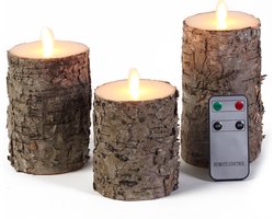 Set van 3 luxe berkenhout kleur - LED stompkaarsen - met afstandsbediening - Woondecoratie - LED kaarsen - Elektrische kaarsen