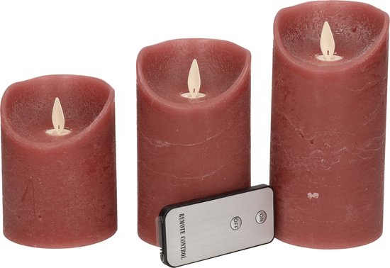 Set van 3x antiek roze LED stompkaarsen met afstandsbediening - Woondecoratie - LED kaarsen - Elektrische kaarsen