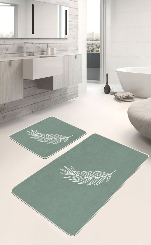 Badmat antislip 2 stuk set - 60x100 & 50x60 - Wc mat - Toiletmat - Onedraw blad op lichtgroen - Deurmat - De Groen Home