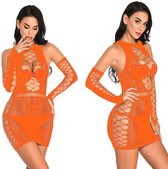 Dames Lingerie Stretch Sexy Mini Dress met mouwen - Fluo oranje - XXXL one size (50/56)