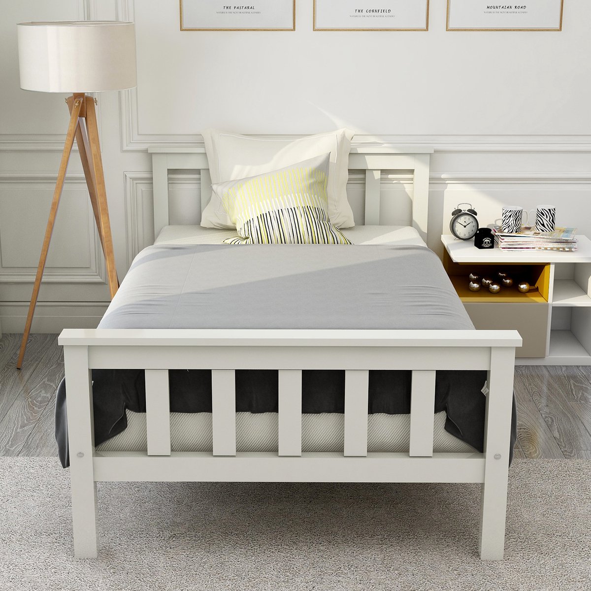 Twin Bed Frame Houten Latten Platform -Twin Size Bed Frame met Hoofdeinde - massief houten kinderbed-massief grenen-wit 90 x 200 cm