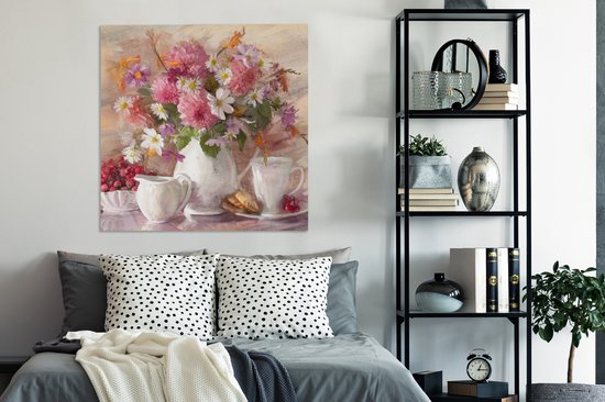 Toile - Peinture - Fleurs - Vase - Huile - 90x90 cm - Décoration murale
