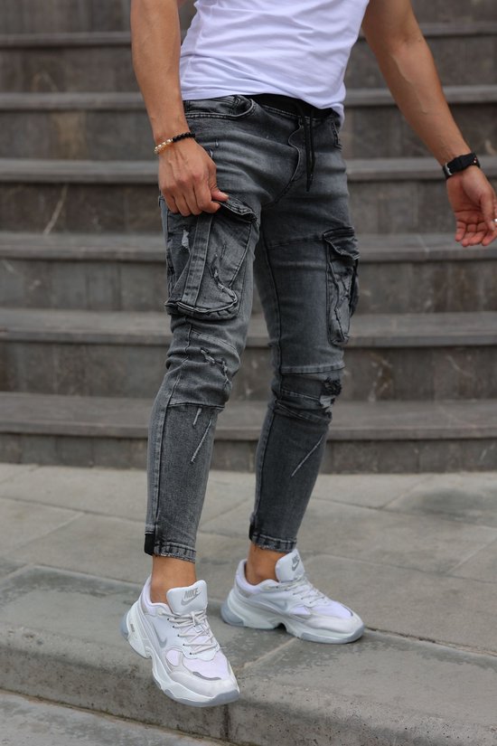 Hommes élastique Multi-poches maigre déchiré Jeans hommes coupe ajustée survêtement crayon pantalon 2021 Mode Jeans pantalons de survêtement Hip Hop pantalon - W36