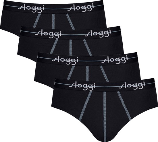 Set van vier zwarte sloggi slips met grijze biezen en wit logo.