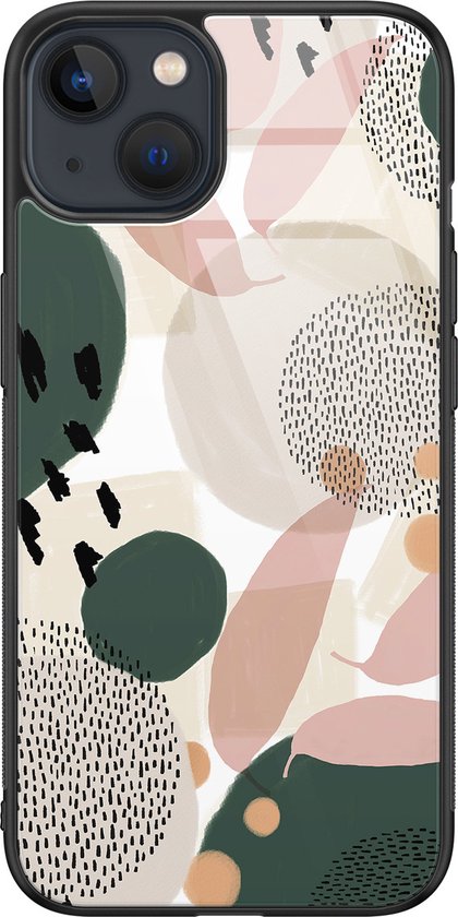 Coque iPhone 13 avec imprimé abstrait de feuilles marron-vert et rose, pois noirs.