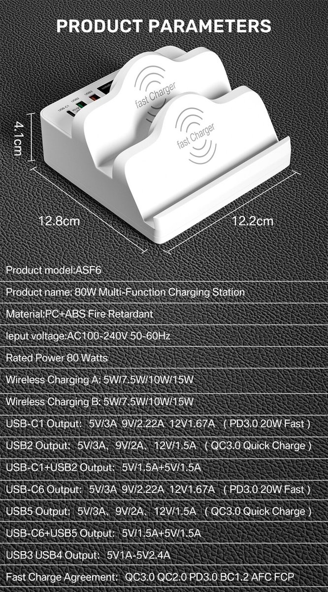 DrPhone SmartC7 Multifunctionele 80W Laadstation - 6-poorts –PD 3.0 20W/QC Qualcomm 3.0 18W - Oplaadstation met Dubbele Draadloos Oplader met LED Display - Wit van DrPhone — afbeelding 2